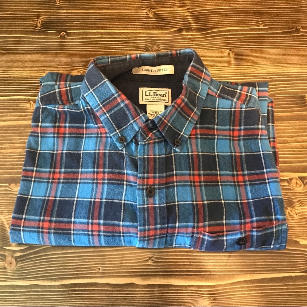 L.L. Bean plaid flannel shirt, size Medium but slightly fitted, red and blue